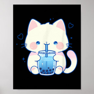 Poster Gato Kawaii Boba Japonês Garota Anime Fofo Estétic