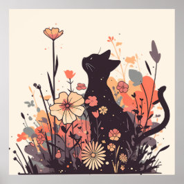 Poster Gato Kawaii Bonito no Cheio de Campo de Flores
