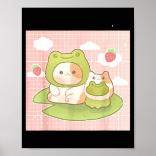 Poster Gato Kawaii Sapo Morango Retro Anos 90 Cottagecore