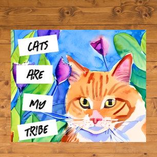 Poster Gato Laranja em Aquarela Fofa e Flores Bonitas