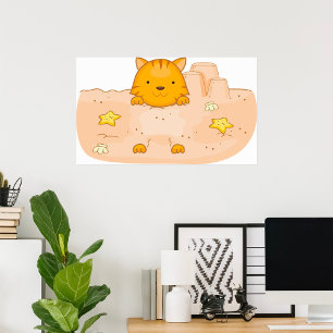 Poster Gato Laranja em Cena de Praia com Castelo de Areia
