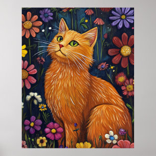 Poster Gato Laranja Entre Flores Coloridas