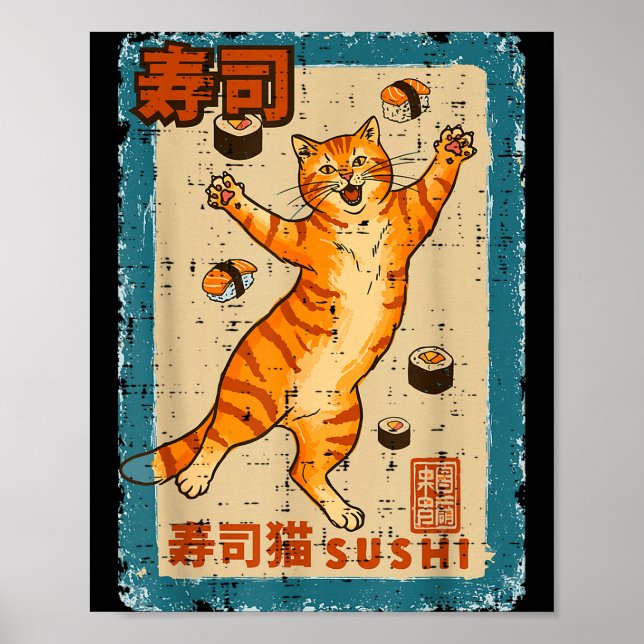 Poster Gato Laranja Pulando Com Sushi Comida Japonesa Hom (Frente)