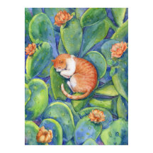 Gato Laranja Sonolento Entre Cactos Floridos Arte