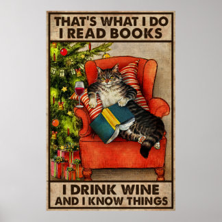 Poster Gato Lê Livros Eu Bebo Vinho E Eu Sei Coisas