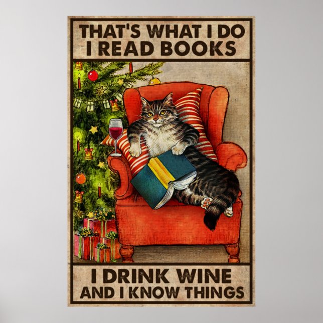 Poster Gato Lê Livros Eu Bebo Vinho E Eu Sei Coisas (Frente)