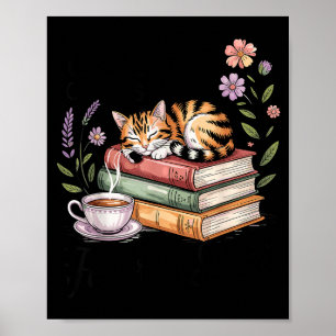 Poster Gato lendo livros amante de café gráfico fofo home
