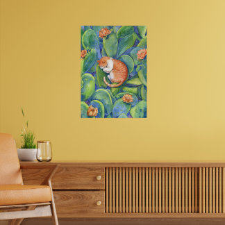 Poster Gato Listrado Vermelho Dormindo Entre Cactos em Fl