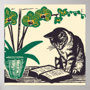Poster gato,livro,livros,gatinho,leitura,fofo,gatinho,gat