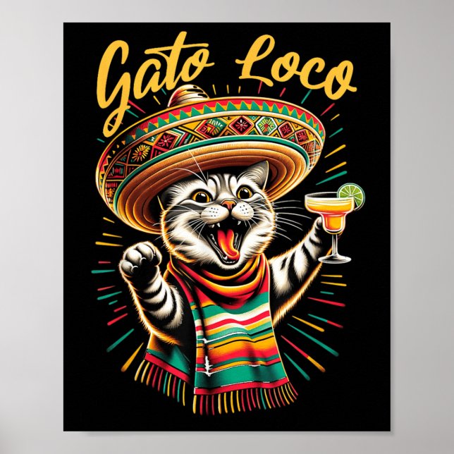 Poster Gato Loco Sombrero Cat Cinco De Mayo Engraçado (Frente)