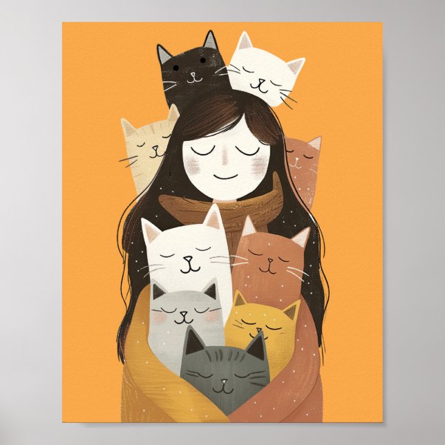 Poster Gato Louco e Preguiçoso com Gatos Bonitos Amarelo (Frente)