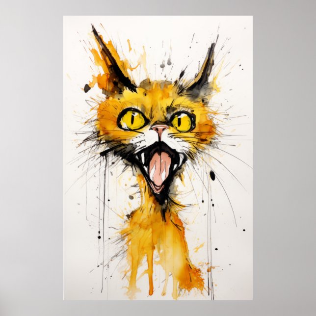 Poster Gato Louco no Estilo de Ralph Steadman: Amarelo (Frente)