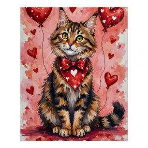 Pôster Gato Maine Coon no Dia dos Namorados Sentado com C
