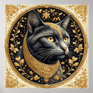 Poster Gato Majestoso com Detalhes Dourados Florais Ornam
