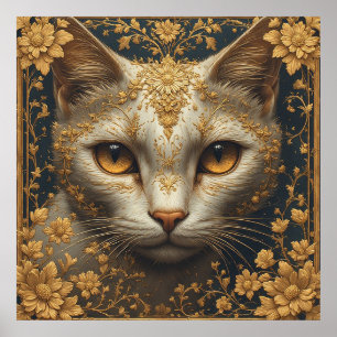 Poster Gato Majestoso com Detalhes Dourados Florais Ornam