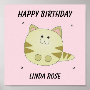 Poster Gato marrom fofo padrão rosa aniversário feliz