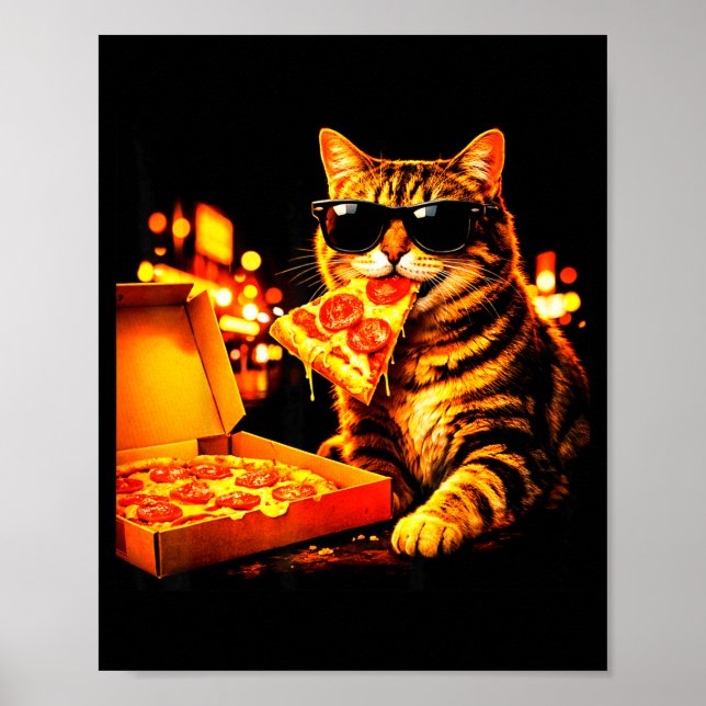 Poster Gato meme engraçado com óculos de sol come pizza (Frente)