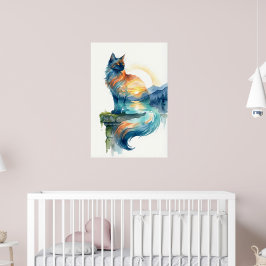 Poster Gato Místico do Pôr do Sol em Dupla Exposição Aqua