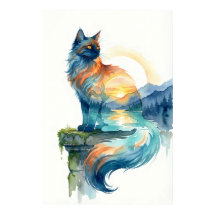 Gato Místico do Pôr do Sol em Dupla Exposição Aqua