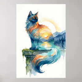 Poster Gato Místico do Pôr do Sol em Dupla Exposição Aqua