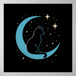 Poster Gato Místico no Céu Noturno da Lua Azul