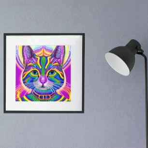 Poster Gato Místico Único Verde e Azul