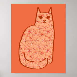 Pôster Gato moderno do meio século, alaranjado e branco
