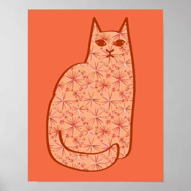 Pôster Gato Moderno do Século médio, Laranja Coral e Bran (Frente)