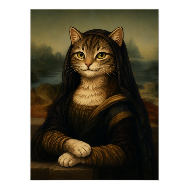 Pôster Gato Mona Lisa Paródia Arte Renascentista (Frente)