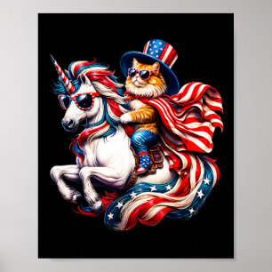 Poster Gato Montado Unicórnio Bandeira EUA Patriótico 4 D