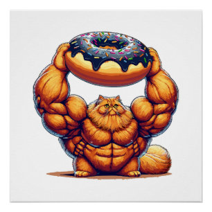 Pôster Gato Musculoso Levantando Donut