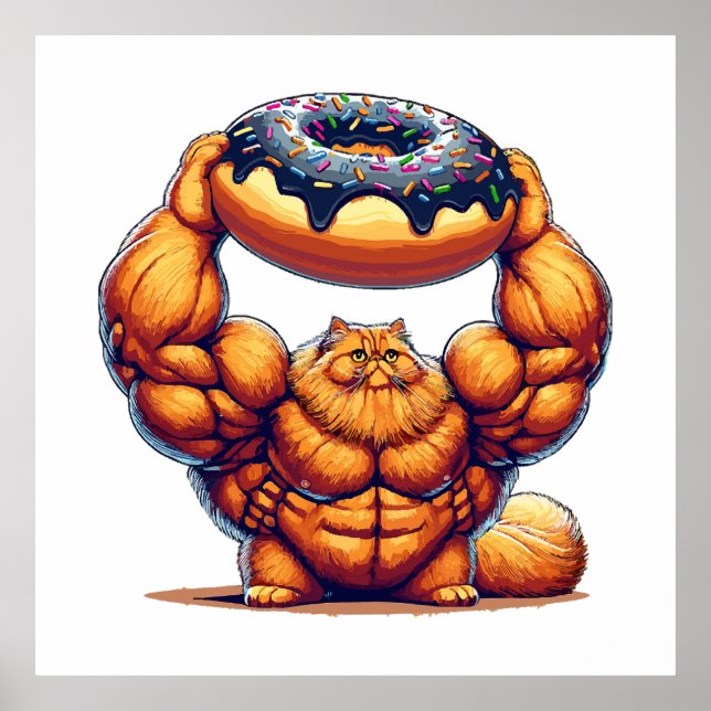Poster Gato Musculoso Levantando Donut (Frente)