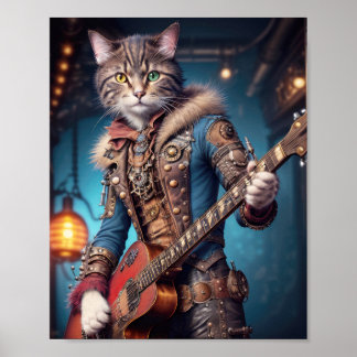 Poster Gato músico vestido com roupa steampunk azul tocan