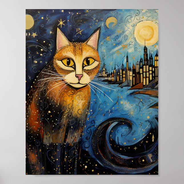 Poster Gato na Cidade da Noite Estrelada (Frente)