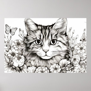 Poster Gato Natureza Pacífica Estilo de Desenho de Prairi
