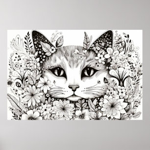 Poster Gato Natureza Pacífica Estilo de Desenho de Prairi