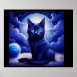 Poster Gato Negro Colocado Em Frente À Lua E Às Nuvens Br