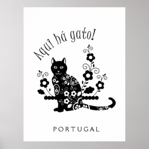 Poster Gato negro com flores e expressão portuguesa