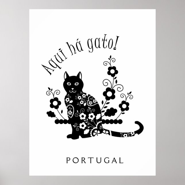 Poster Gato negro com flores e expressão portuguesa (Frente)