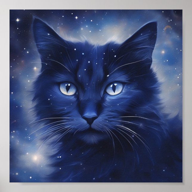Poster Gato negro com olhos azuis sobre fundo estrelado (Frente)