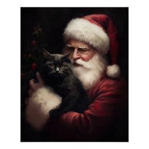 Pôster Gato Negro com Papai Noel Natal Festivo