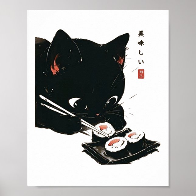 Poster Gato Negro Comendo Sushi - Gato Japonês (Frente)