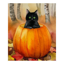 Gato Negro de Aquarela no Pumpkin Autumn Hall