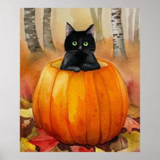 Poster Gato Negro de Aquarela no Pumpkin Autumn Hall