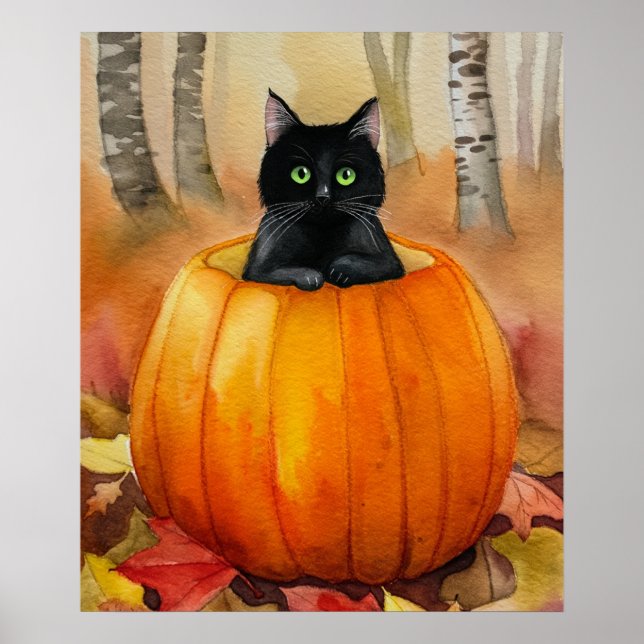 Poster Gato Negro de Aquarela no Pumpkin Autumn Hall (Frente)
