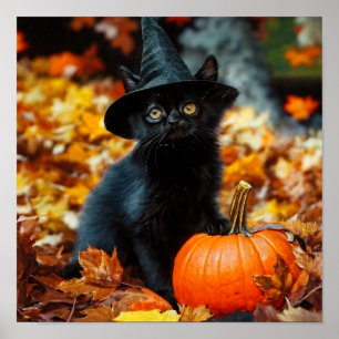 Poster Gato Negro e Abóbora do Halloween