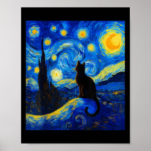 Poster Gato Negro Em Uma Noite Estrelada - Gato Engraçado