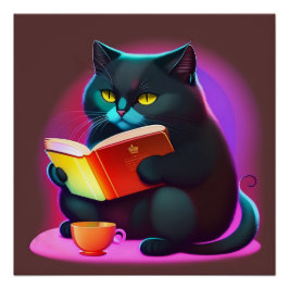 Pôster Gato Negro Lendo Poster de Livro