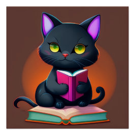 Pôster Gato Negro Lendo Poster de Livro