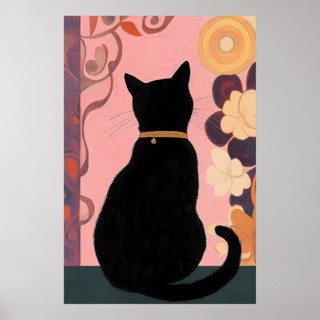 Poster Gato Negro Místico em Fundo de Abstrato Rosa (Frente)